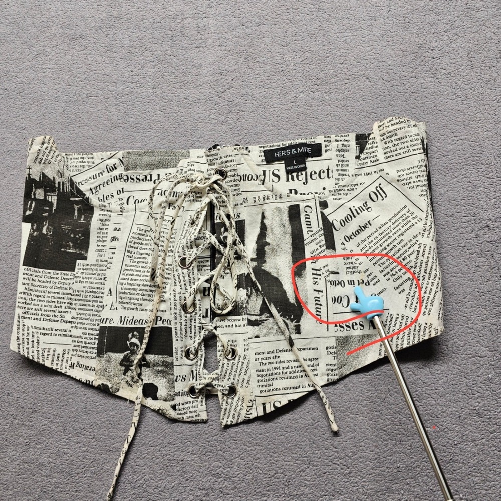 Hers & Mine Corset Belt Womens L Multi Newspaper Print Lace Up Front Back Zip - Picture 7 of 12